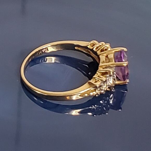 Stamped 14K Fine Yellow Gold Amethyst Diamond Accent Ring Vintage - Picture 4 of 10